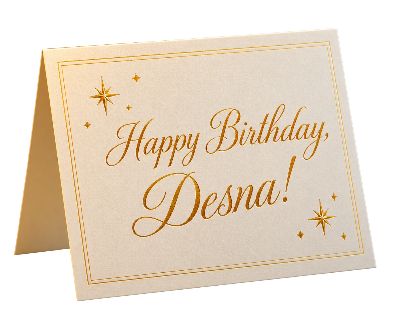 A birthday card reading Happy Birthday, Desna!