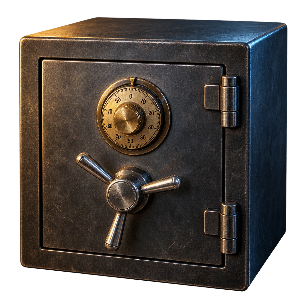 Square steel safe on Desna's desk