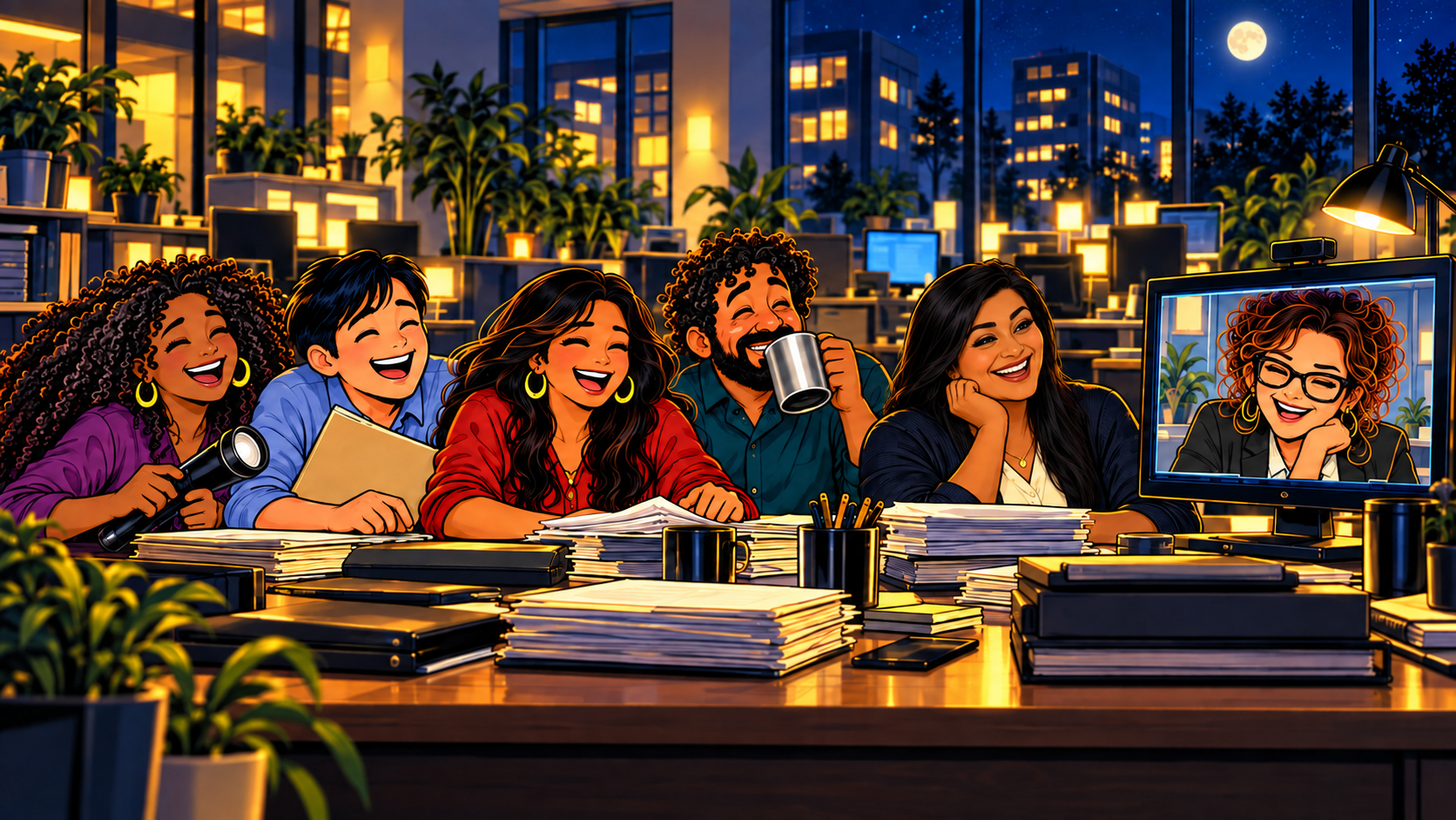 The five teammates laugh together in the office, with Desna laughing on their video call.