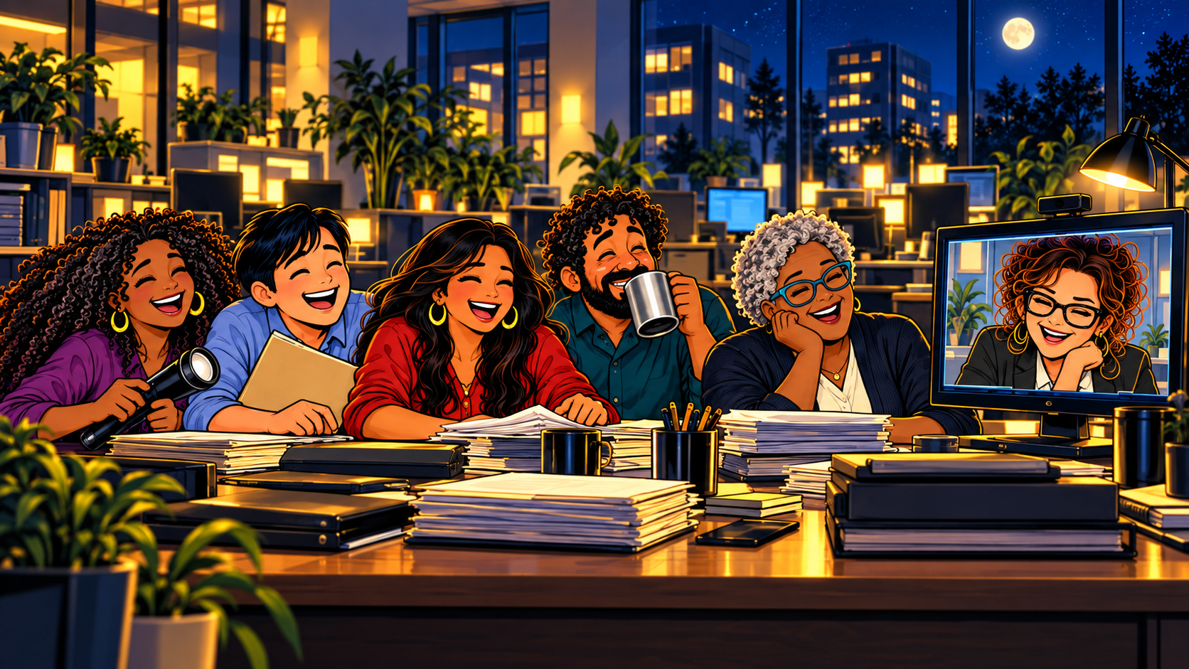 The five teammates laugh together in the office, with Desna laughing on their video call.